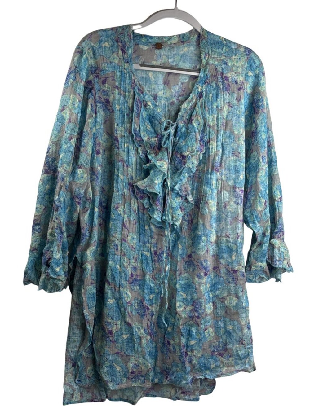 Free People One Hand painted Watercolor Ruffle Tunic Top Blue Size M